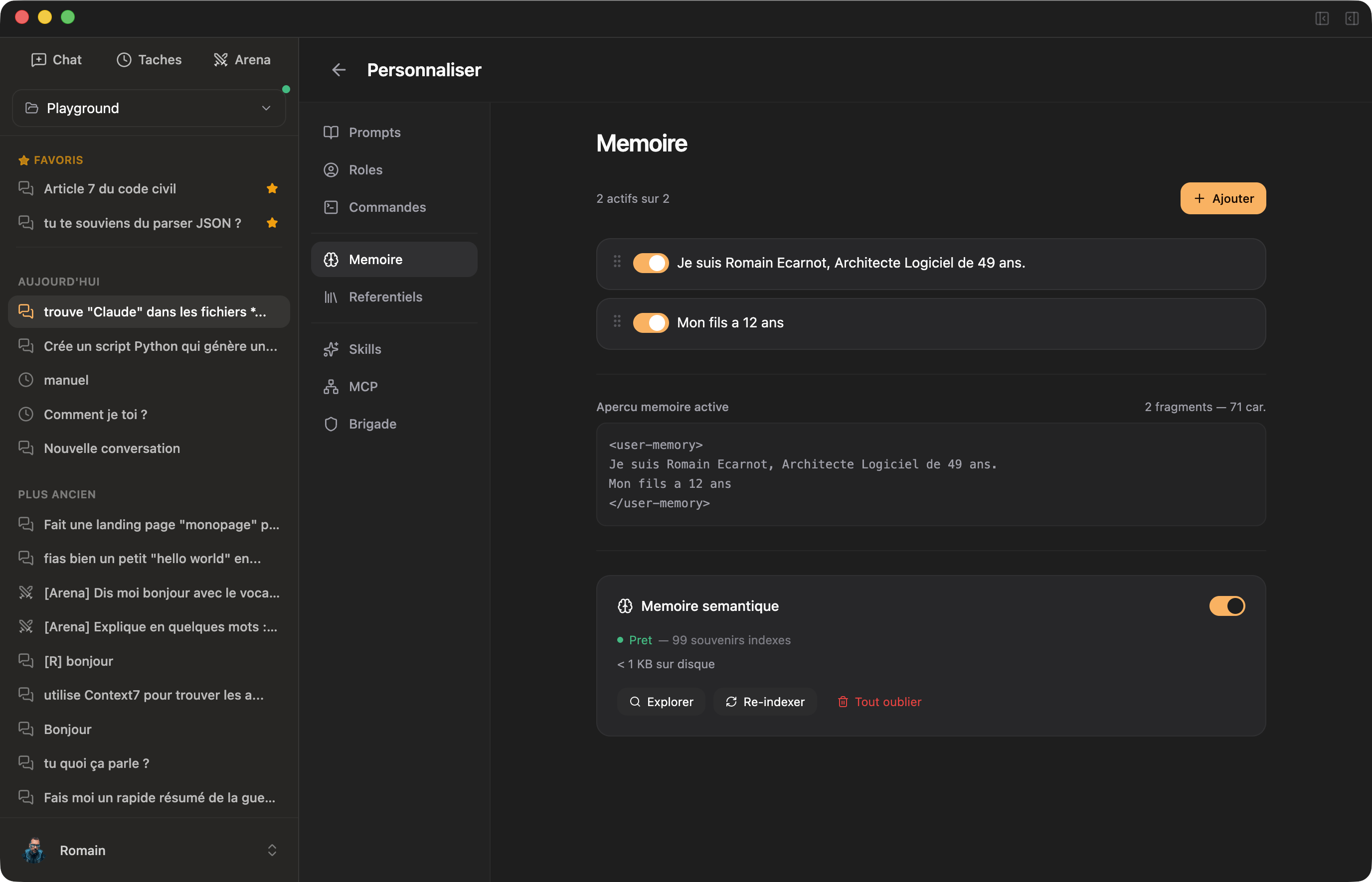 Memoire semantique et fragments dans Cruchot